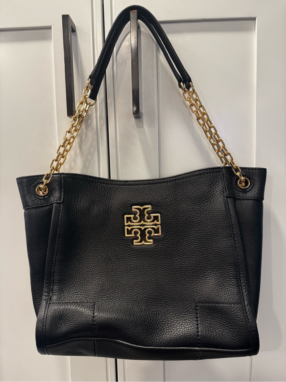 Tory Burch Black Leather Shoulder Tote with Gold Logo & Chain